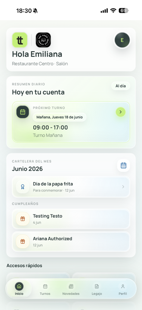 Inicio de la app de empleado con turnos y accesos rápidos